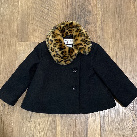 Janie and Jack || Black Wool Leopard Faux Fur Collar Cropped Pea Coat - Picture 2 of 8